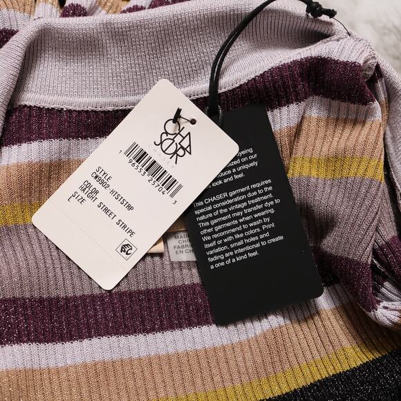 Chaser Harper Stripe Ribbed Sweater Y2K Retro V-Neck Skater Style Knit Size L - Picture 8 of 13